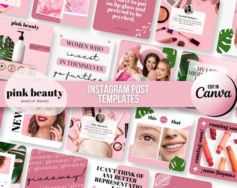 May include: A collection of pink and green Instagram post templates for a makeup brand called "pink beauty". The templates feature images of women, makeup products, and text overlays. Some of the text includes "women who invest in themselves go further", "new", "giveaway", "coming soon", and "edit in Canva".