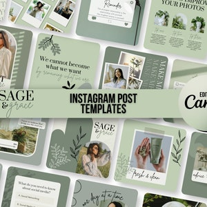 Sage Green Instagram Post Templates Canva | Influencer Instagram Branding | Custom Social Media Template | Green Instagram Feed Engagement