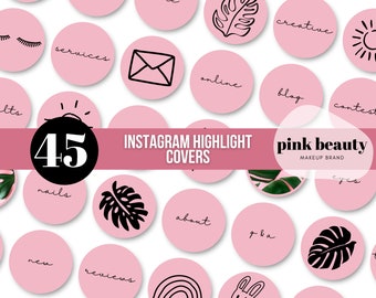 May include: 45 pink and white Instagram highlight covers with various icons and text, including "pink beauty makeup brand", "services", "online", "blog", "contests", "results", "nails", "new", "reviews", "about", "q&a", "eyes", "creative", "tr", "and more."