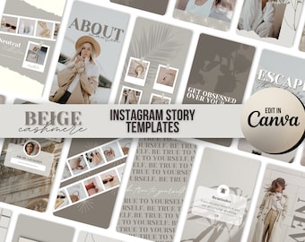 Puede incluir: Plantillas de historias de Instagram beige y marrón con texto que dice "Beige cashmere", "About", "Get obsessed over your", "Escape the ordinary", "Edit in Canva", "Ask me a question", "Be true to yourself", "Reminder: If you set your mind to it you can accomplish anything", and "New".