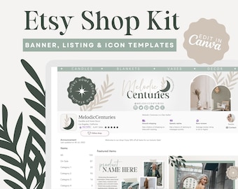 May include: A laptop screen displaying a mockup of an Etsy shop banner and listing templates. The banner features a logo with a crescent moon and star, and the text "Melodic Centuries". The listing template features a product image placeholder with the text "product name here". The shop banner also includes a call to action to "Edit in Canva".
