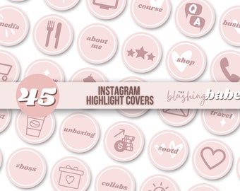 May include: A set of 45 pink and white Instagram highlight covers with various icons and text. The icons include a shopping cart, a fork and knife, a coffee cup, a heart, a star, a phone, a mail envelope, a dollar sign, a sun, and more. The text includes "media", "about me", "course", "Q&A", "business", "shop", "the blushing babe", "#boss", "unboxing", "#ootd", "collabs", and "travel".