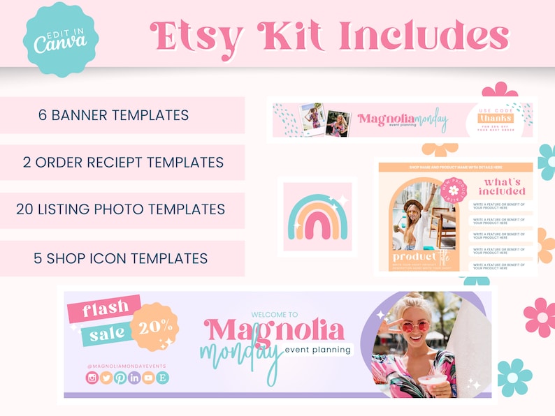 Trendy Etsy Shop Kit | Etsy Banner Template | Editable Etsy Store Listings | Colorful Shop Canva Template | Banner Template | Fun Shop Kit image 2