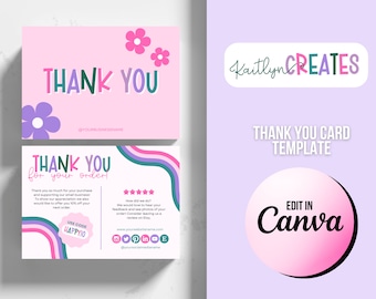 Plantilla colorida de tarjeta de agradecimiento / Inserción de tarjeta de agradecimiento empresarial / Marca para pequeñas empresas / Canva gracias por su pedido / Inserción de pedido