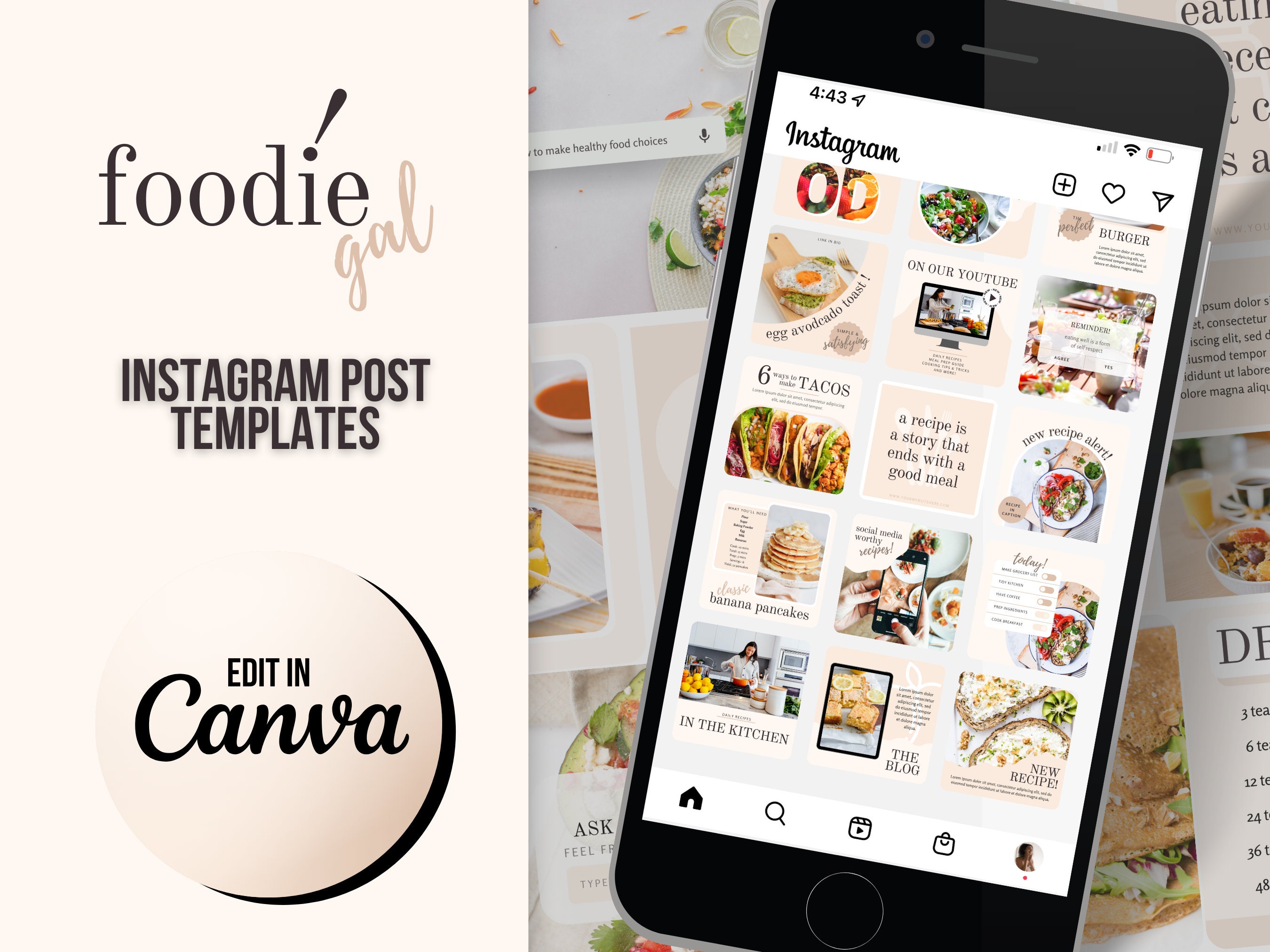 Food Instagram Post Templates Canva | Healthy Eating Instagram Branding ...