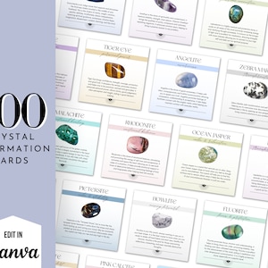100 Tarjetas de información de cristal / Publicaciones de Instagram con significado de cristal / Tarjetas de piedras preciosas imprimibles / Publicaciones de redes sociales de cristal / Plantilla Canva