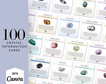 100 Crystal Information Cards | Crystal Meaning Instagram Posts | Printable Gemstone Cards | Crystal Social Media Posts | Canva Template