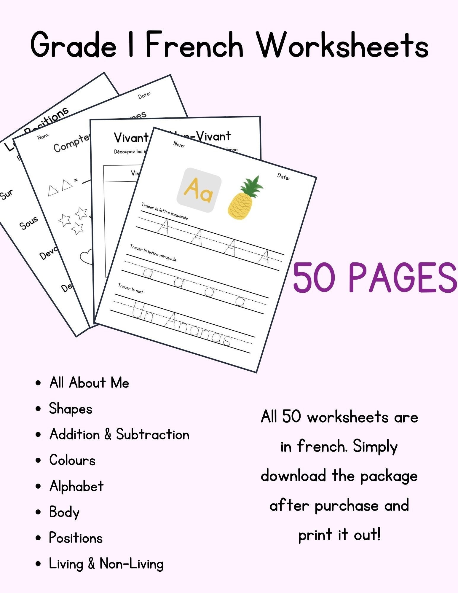 Grade 1 Worksheets in French - Etsy