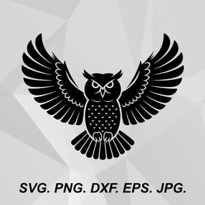May include: Black owl silhouette with outstretched wings, featuring detailed feather patterns. The image includes the text "SVG. PNG. DXF. EPS. JPG."