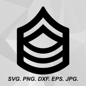 Puede incluir: Gráfico negro de una insignia de rango militar, un galón con tres rayas y una punta en la parte superior. La imagen incluye el texto "SVG. PNG. DXF. EPS. JPG." en la parte inferior, indicando formatos de archivo.