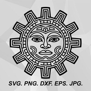 Könnte beinhalten: Eine schwarz-weiße grafische Illustration einer stilisierten Sonne mit einem menschlichen Gesicht in der Mitte, umgeben von geometrischen Strahlen. Unter der Sonne steht der Text: SVG. PNG. DXF. EPS. JPG. Das Design zeigt klare Linien.