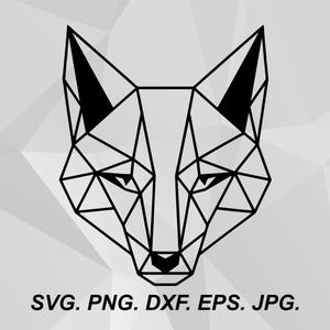 May include: Geometric black and white fox head design. The fox's face is constructed from interconnected lines and shapes, creating a polygonal effect. The image includes the text: SVG. PNG. DXF. EPS. JPG.
