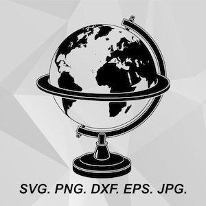 May include: A black and white graphic illustration of a globe on a stand, featuring a circular ring around the centre. Below the globe, the text reads SVG. PNG. DXF. EPS. JPG. The design is presented in a high-contrast, flat, two-dimensional style.