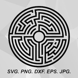 Puede incluir: Diseño de laberinto circular en blanco y negro. El laberinto está centrado con un círculo blanco y rodeado por un camino complejo. La imagen incluye el texto "SVG. PNG. DXF. EPS. JPG."