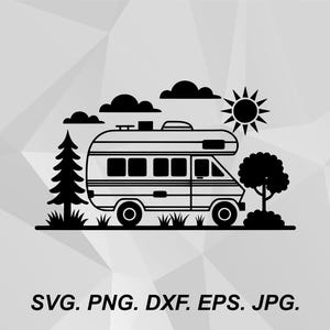 May include: A black silhouette graphic design featuring a camper van parked between a tall pine tree and a deciduous tree. The scene includes a sun with rays, three clouds, and grass at the base. The text SVG. PNG. DXF. EPS. JPG. appears below.