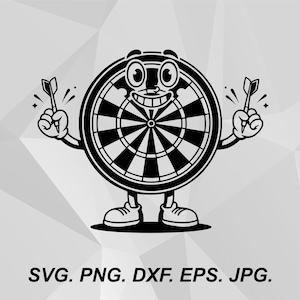 May include: A black and white graphic illustration of a cartoon dartboard character with arms, legs, and a smiling face. The character holds a dart in each hand. Below the character, the text reads: SVG. PNG. DXF. EPS. JPG.