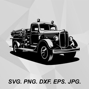 Könnte beinhalten: Schwarz-Weiß-Illustration eines Oldtimer-Feuerwehrwagens. Der Truck hat ein detailliertes Design mit Leitern, Schläuchen und einem klassischen Frontgrill. Der Text "SVG. PNG. DXF. EPS. JPG." ist enthalten.