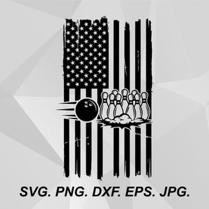 May include: A black and white graphic design featuring a distressed American flag pattern. A bowling ball with motion lines is shown striking a group of bowling pins, which are depicted with a splash effect at the base. The text SVG, PNG, DXF, EPS, JPG is below.