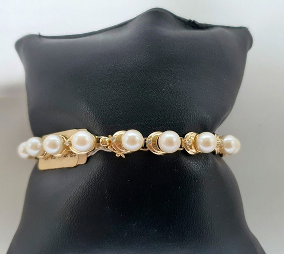 Cultured Pearl Diamond 9ct Gold Tennis Bracelet St