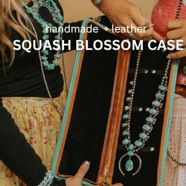 Trendy Squash Blossom Jewelry Box Travel Case handmade with top grain leather handmade authentic turquoise southwestern jewelry