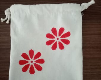 Red Daisy Block Print Pouch: Cotton Coin Purse