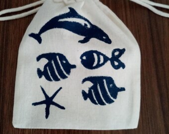 Block Print Cotton Pouch: Sea Theme Gift Bag (15x20 cm)