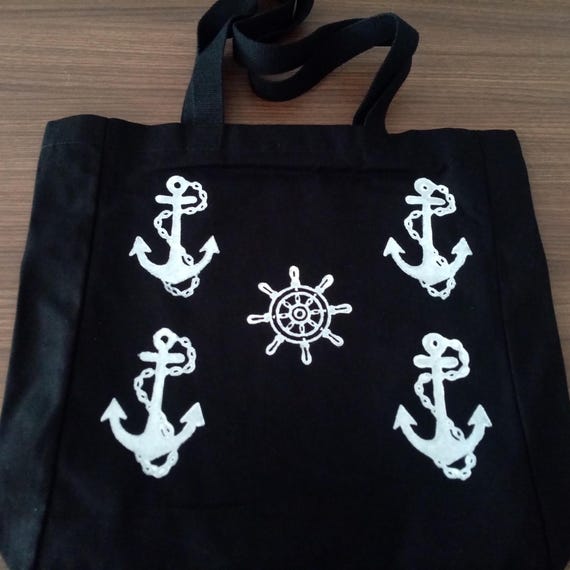 Anchor Tote Bag: Black Cotton Canvas Shopper, Nautical Gift