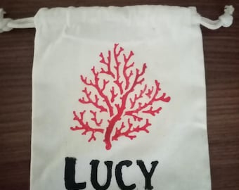 Coral Block Print Cotton Pouch: Personalized Small Travel Bag