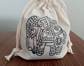 Block Print Elephant Drawstring Bag, Cotton Gift Pouch