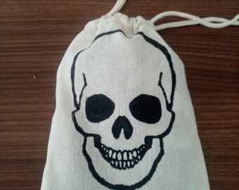 Handmade Skull Block Print Cotton Drawstring Pouch | Goth Gift Bag | 15x20 cm
