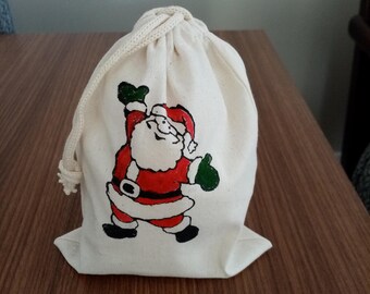 Block Print Santa Cotton Drawstring Bag, Christmas Gift Pouch