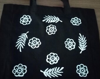 Floral Leaf Print Canvas Tote Bag: Black Cotton Boho Bag