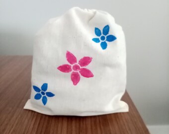 Block Print Daisy Pouch, Organic Cotton Drawstring Gift Bag
