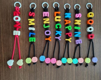 Custom Word Bag Charm, Personalized Colorful Beaded Keychain, Cute Smiley Face Purse Charm, Aesthetic Bag Accessories, Y2K Phone Strap Charm