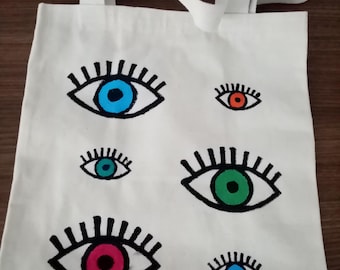 Evil Eye Print Tote Bag: Beige Canvas Shoulder Bag
