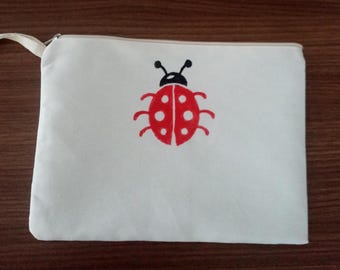 Ladybug makeup bag, personalized clutch,ladybug storage  bag, beige bra bag,gift for girl,