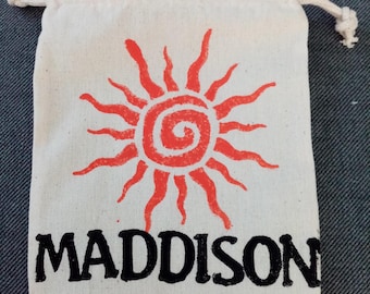 Block Print Organic Cotton Drawstring Pouch, Personalized Cosmetic Bag