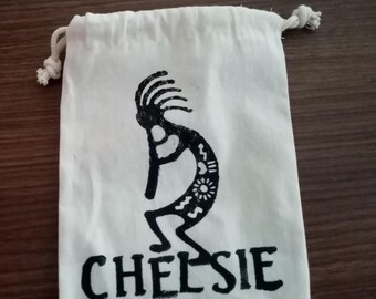 Kokopelli Cotton Drawstring Pouch, Block Print Coin Purse