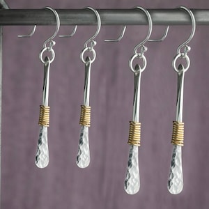 Hammered Sterling Silver Earrings,Long Silver Bar Earrings,Silver and Gold Earrings,Long Dangle Earrings,Mixed Metal Earrings,Christmas Gift
