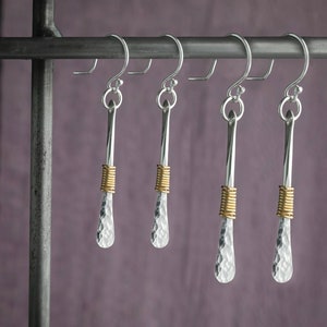 Hammered Sterling Silver Earrings,Long Silver Bar Earrings,Silver and Gold Earrings,Long Dangle Earrings,Mixed Metal Earrings,Christmas Gift