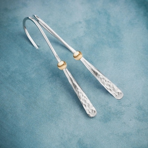 Hammered Sterling Silver Earrings,Silver and Gold Earrings,Long Silver Earrings,Silver Stick Earrings,Two Tone Earrings,Christmas Gift