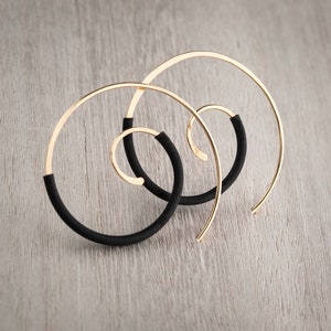 Gold Hoops,Gold Filled Hoops,Hammered Gold Hoops,Gold Swirl Hoop Earrings,Gold & Black Spiral Earrings,Hammered Earrings,Large Gold Hoops,US image 4