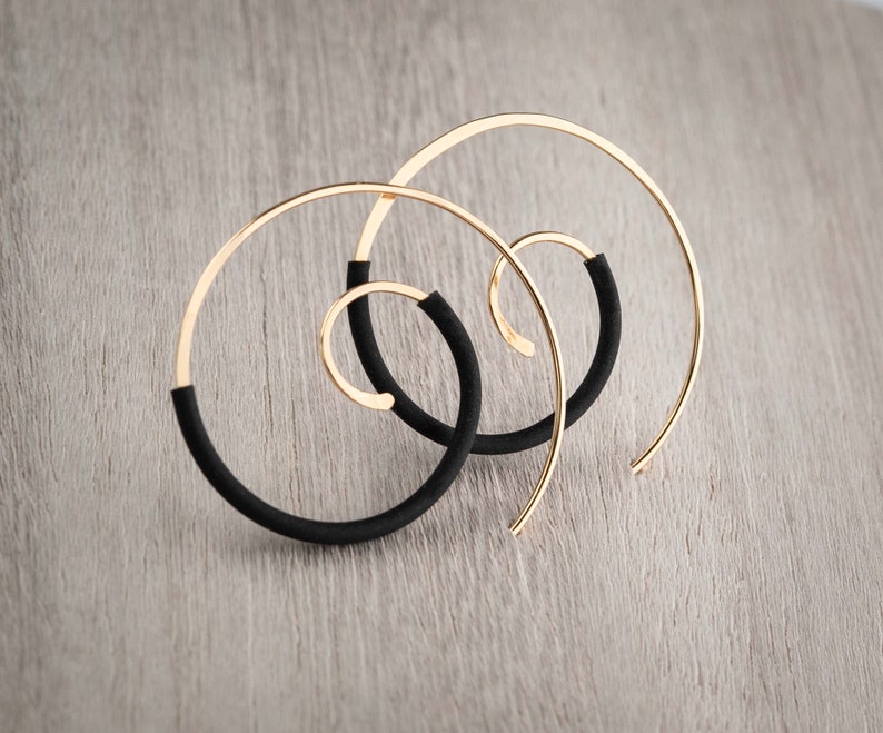 Gold Hoops,Gold Filled Hoops,Hammered Gold Hoops,Gold Swirl Hoop Earrings,Gold & Black Spiral Earrings,Hammered Earrings,Large Gold Hoops,US image 4