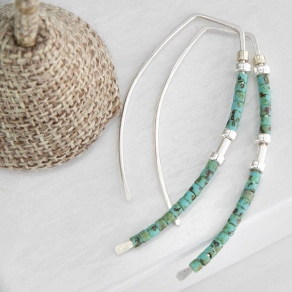 Silver Hoop Earrings,Turquoise & Silver Earrings,Turquoise Hoops,Large Silver Hoops,Modern Hoops,Blue Green Hoops,Hammered Silver Hoops,USA