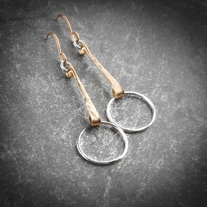 Hammered Gold and Silver Earrings,Silver and Gold Earrings,Long Silver Earrings,Silver Hoop Earrings,Gift for Women,Two Tone,Handmade
