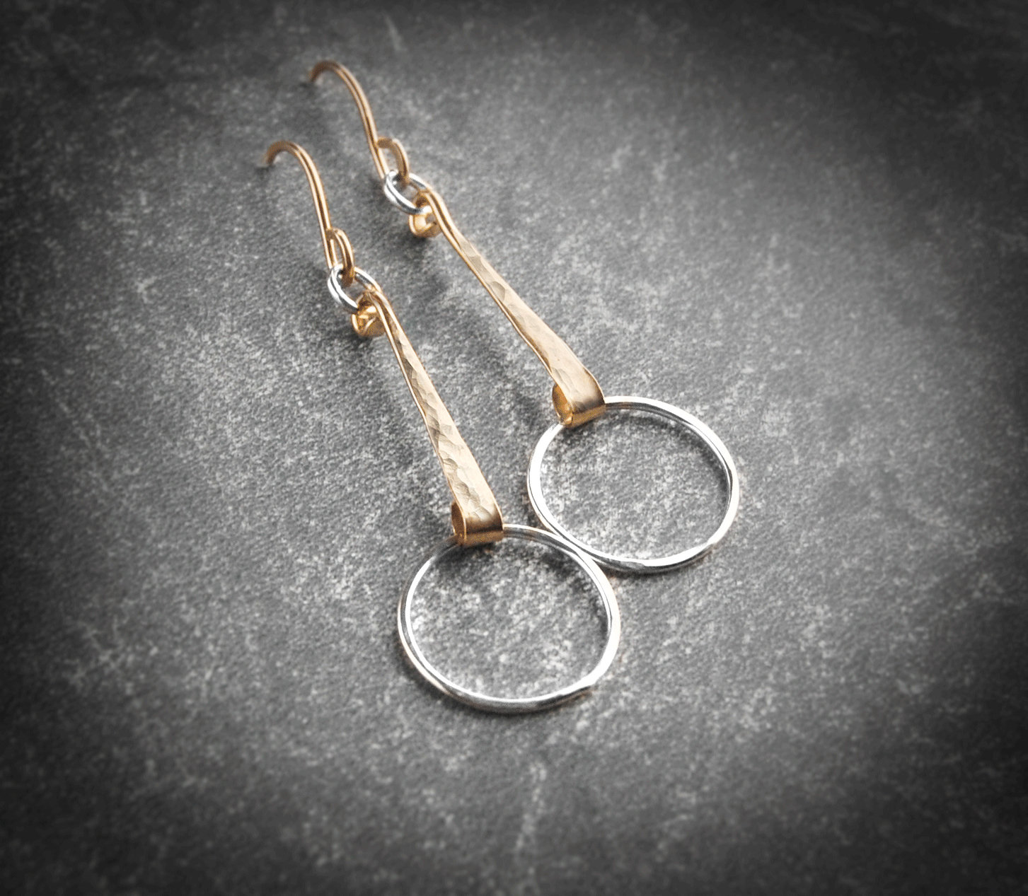 Hammered Gold and Silver Earrings,Silver and Gold Earrings,Long Silver Earrings,Silver Hoop Earrings,Gift for Women,Two Tone,Handmade