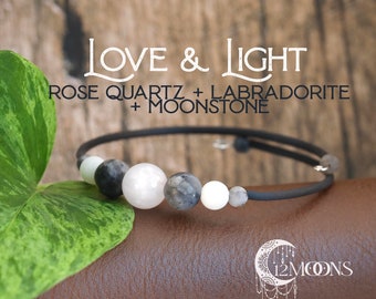 Rose Quartz, Labradorite , Moonstone Gemstone Bracelet, Love & Light Bracelet, Gemstone Bracelet, cuff Bracelet, Gift for Women or Men, USA