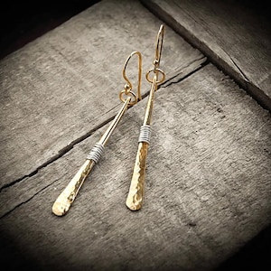 Hammered Gold Earrings,Mixed Metal Earrings,Gold and Silver Earrings,Hammered Bar Earrings,Gold Dangle Earrings,Long Gold Earrings,Dangles