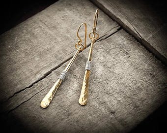 Hammered Gold Earrings,Mixed Metal Earrings,Gold and Silver Earrings,Hammered Bar Earrings,Gold Dangle Earrings,Long Gold Earrings,Dangles