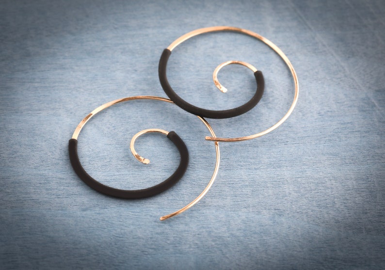 Gold Hoops,Gold Filled Hoops,Hammered Gold Hoops,Gold Swirl Hoop Earrings,Gold & Black Spiral Earrings,Hammered Earrings,Large Gold Hoops,US image 8